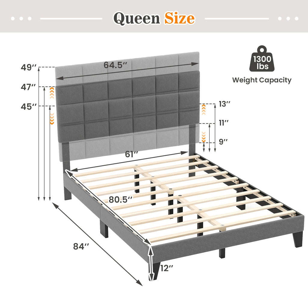 Queen Size Modern Linen Bed Frame with Adjustable Headboard