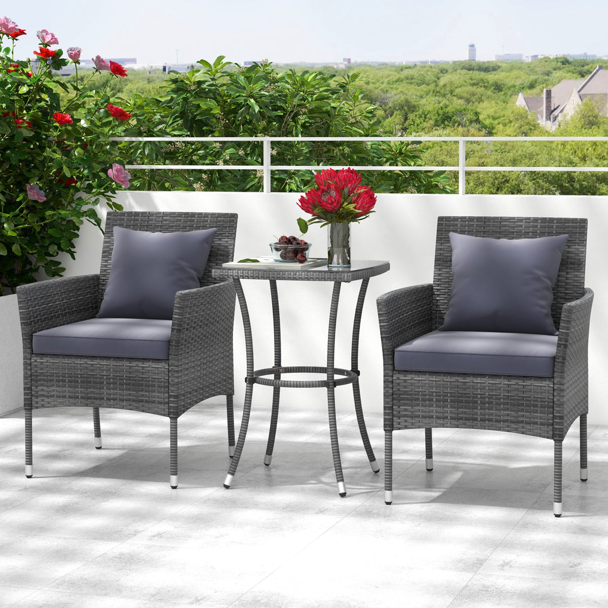 3 Pieces Patio Set with Cushioned Patio Chairs and Tempered Glass Coffee Table