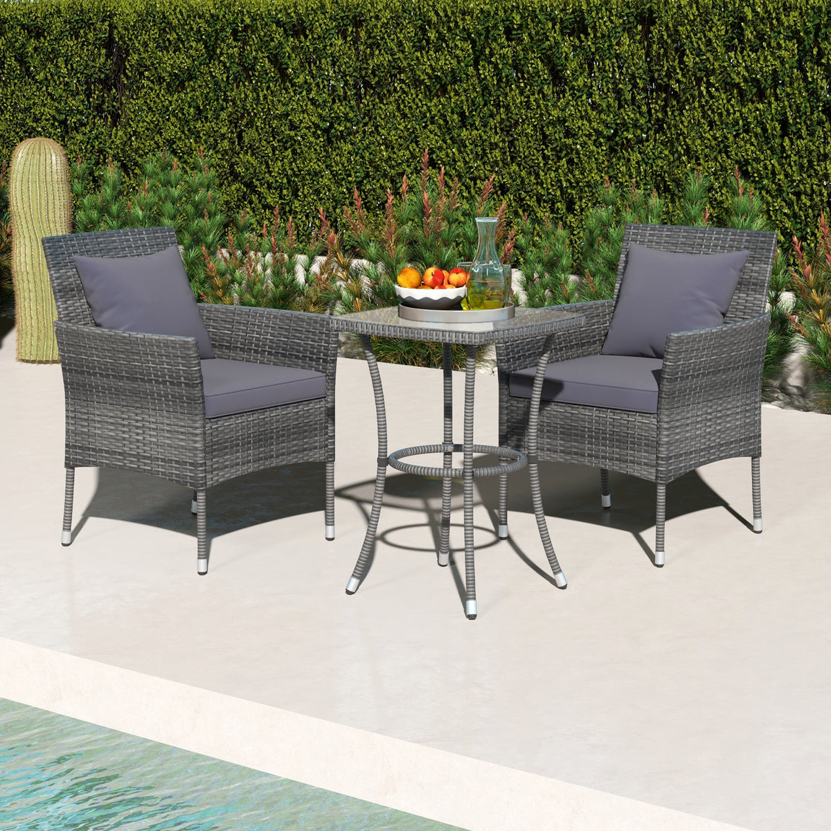 3 Pieces Patio Set with Cushioned Patio Chairs and Tempered Glass Coffee Table