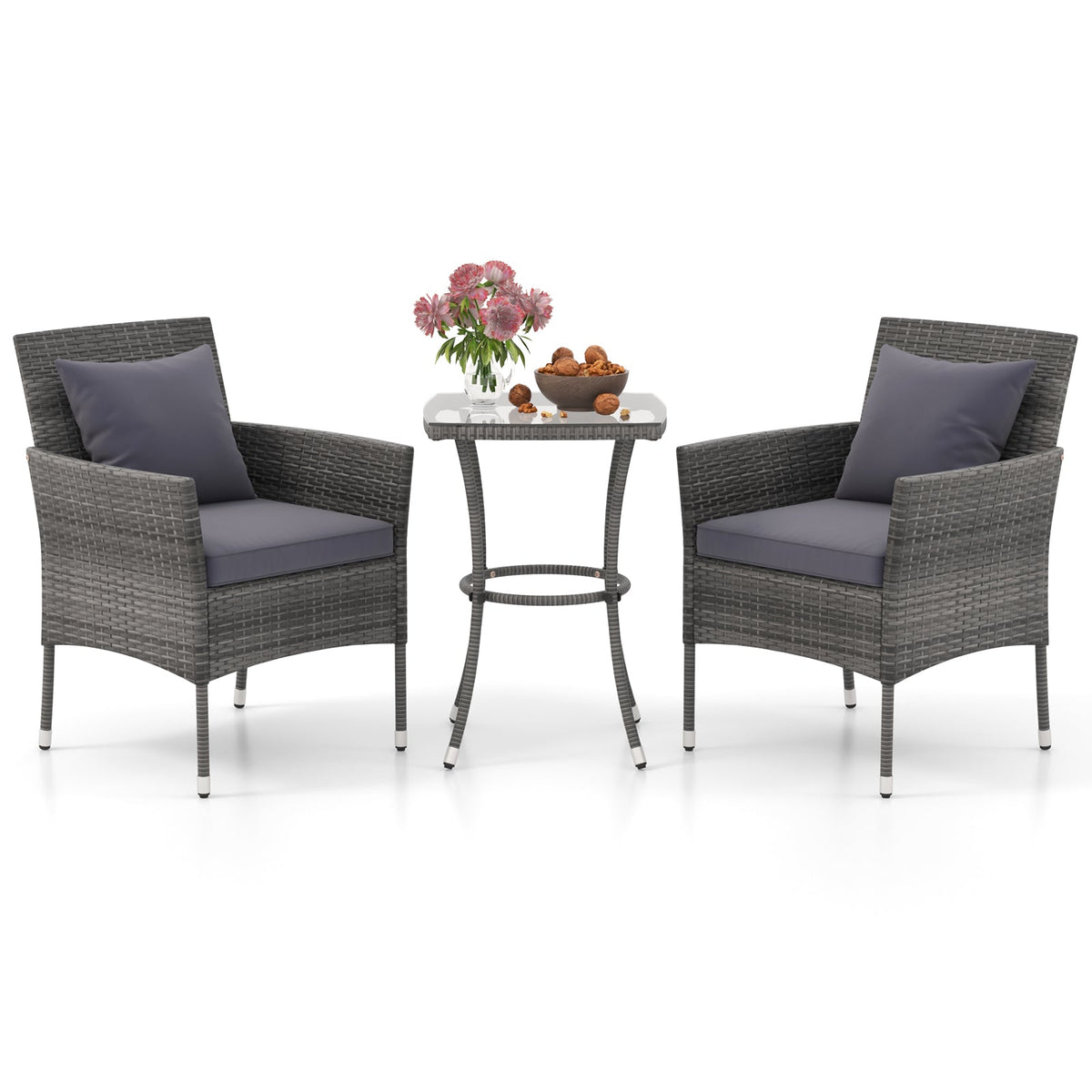 3 Pieces Patio Set with Cushioned Patio Chairs and Tempered Glass Coffee Table