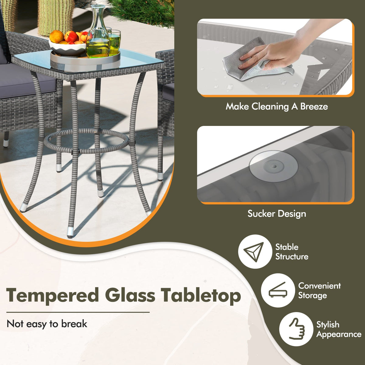 3 Pieces Patio Set with Cushioned Patio Chairs and Tempered Glass Coffee Table