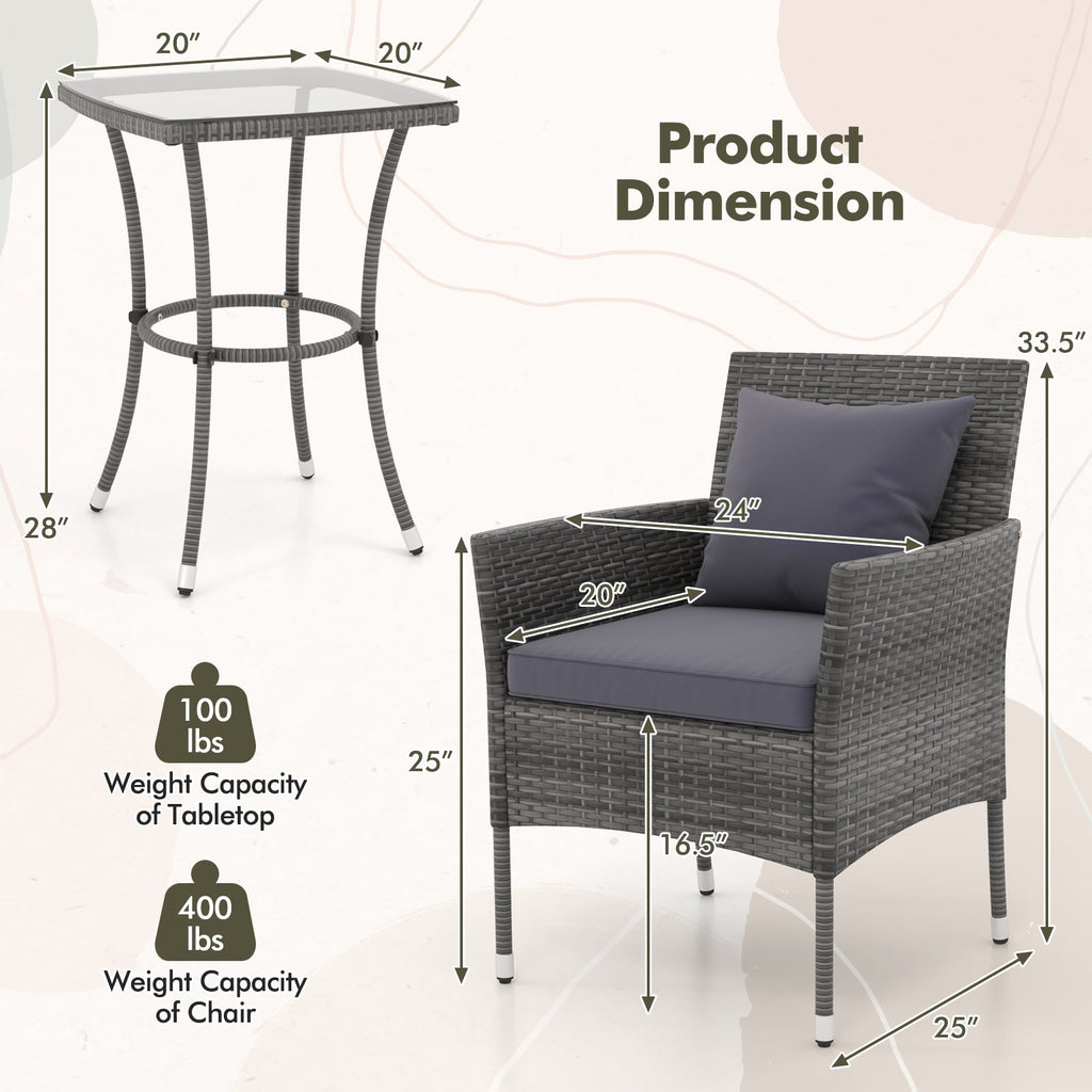 3 Pieces Patio Set with Cushioned Patio Chairs and Tempered Glass Coffee Table
