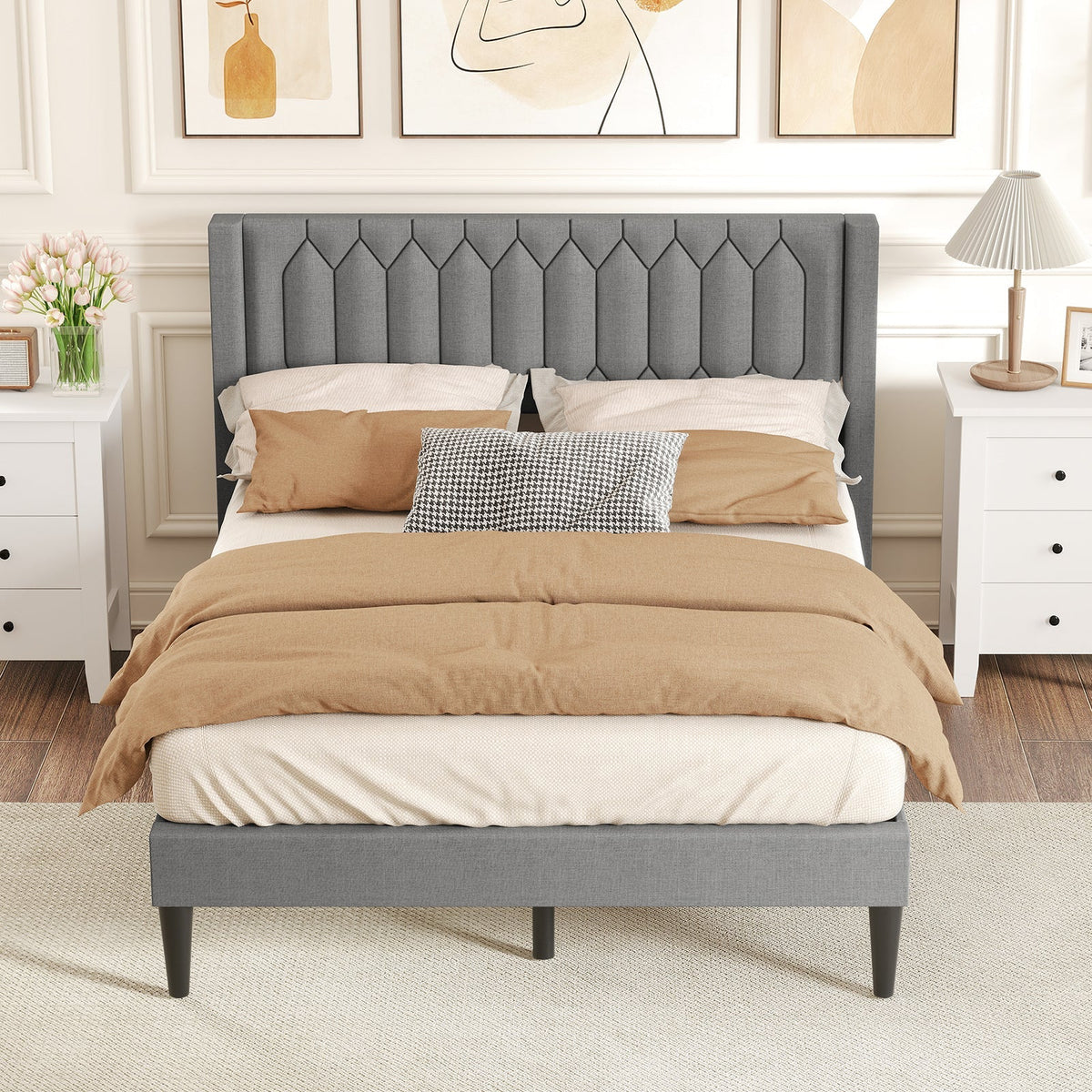 Queen Size Dutch Velvet/Linen Fabric Upholstered Platform Bed