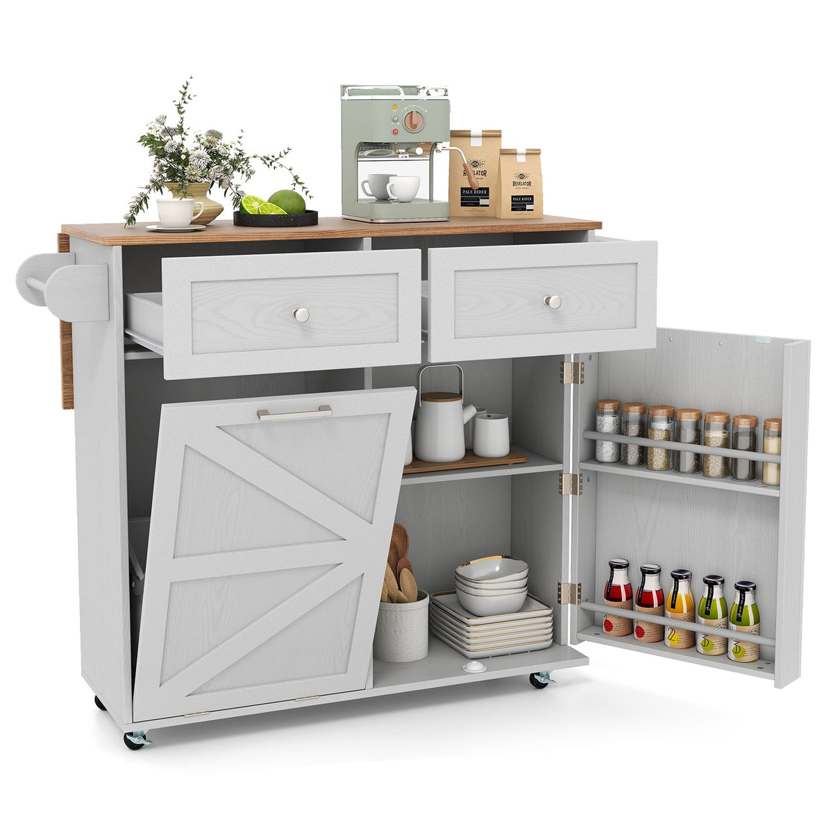 Rolling Kitchen Island with Trash Can Cabinet