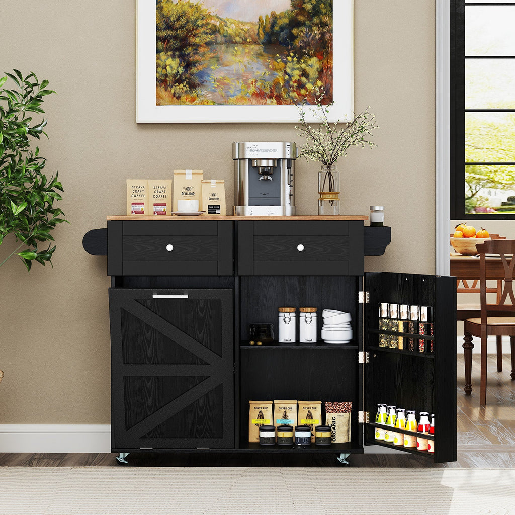 Rolling Kitchen Island with Trash Can Cabinet