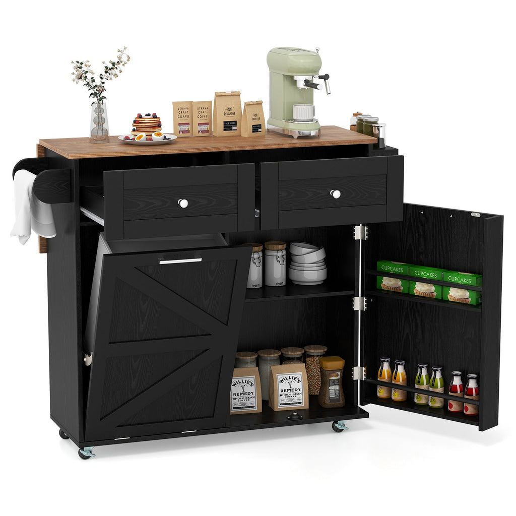 Rolling Kitchen Island with Trash Can Cabinet