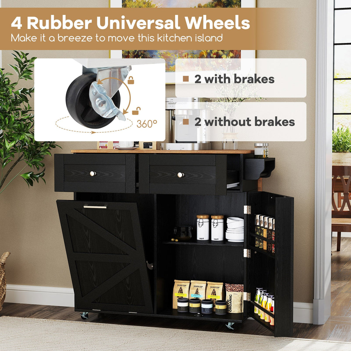 Rolling Kitchen Island with Trash Can Cabinet