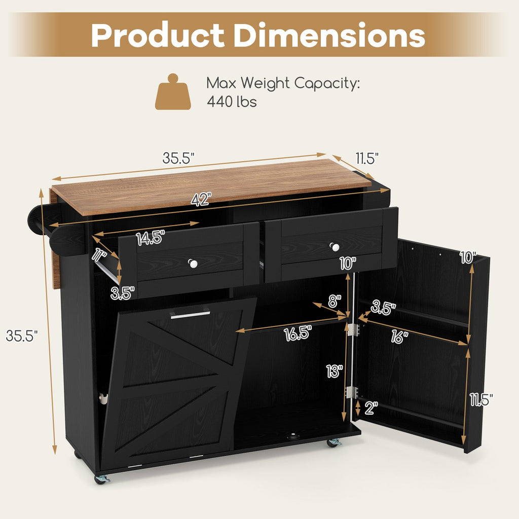 Rolling Kitchen Island with Trash Can Cabinet