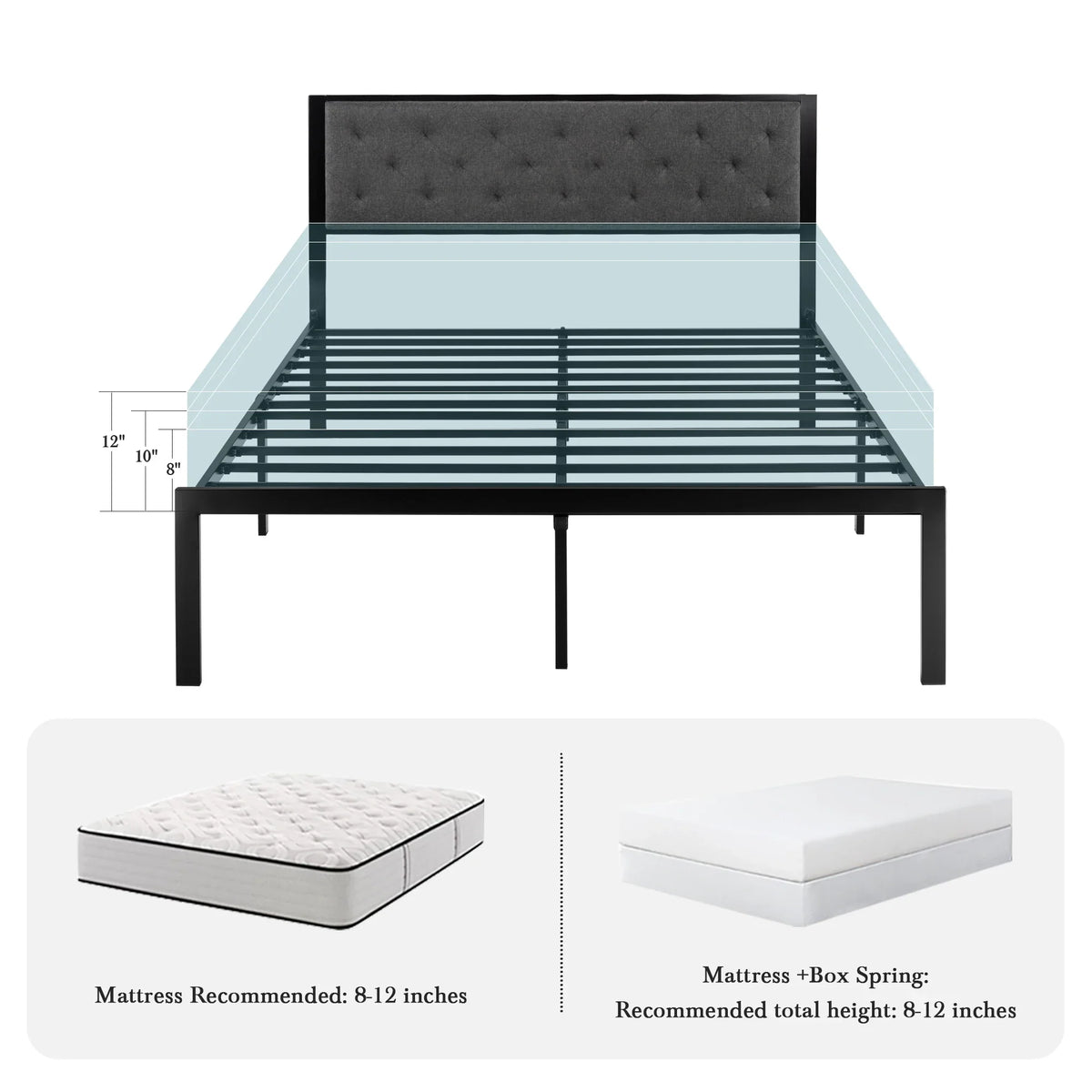 HOOMICH Metal Bed Frame With Upholstered Headboard