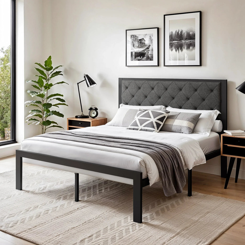 HOOMICH Metal Bed Frame With Upholstered Headboard