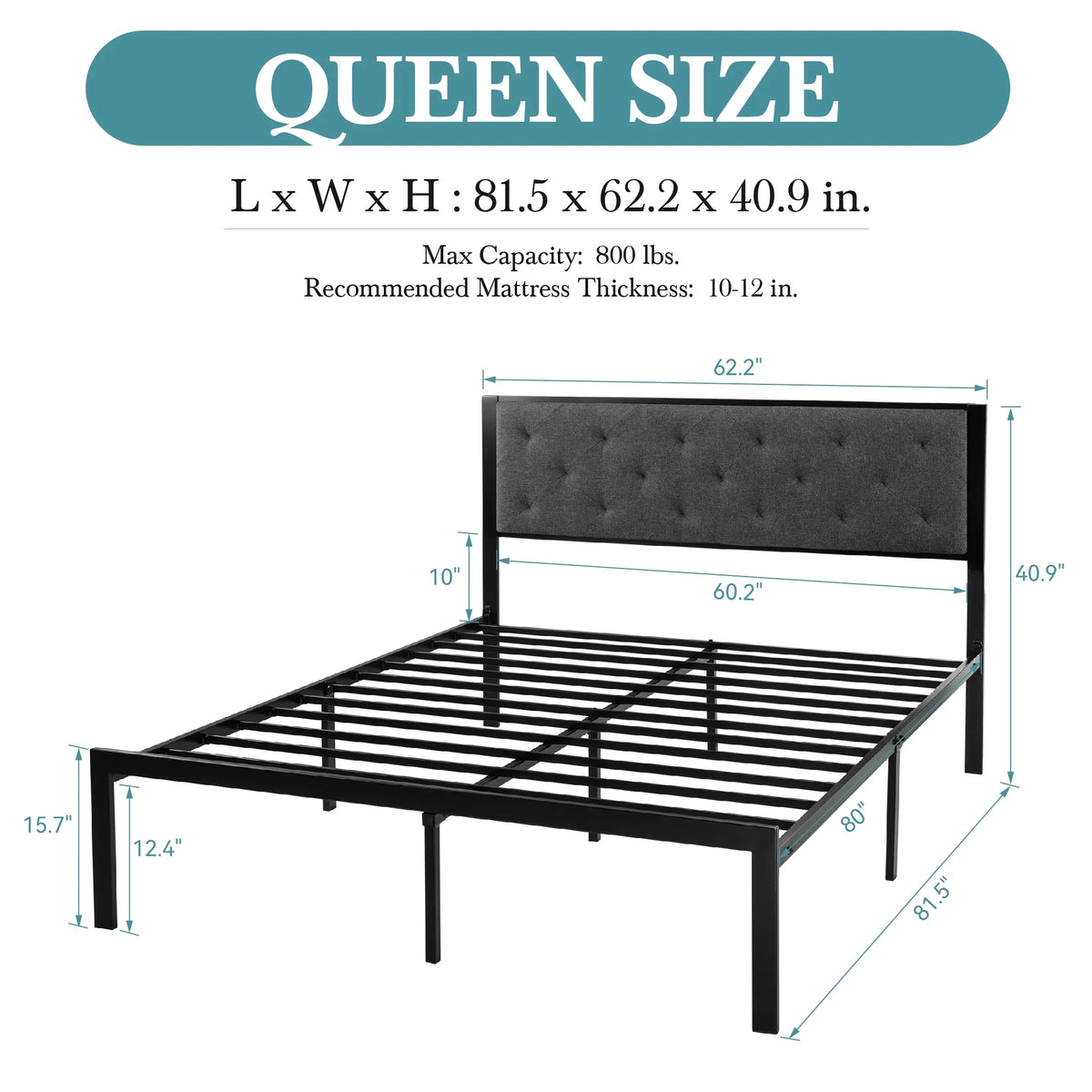 HOOMICH Metal Bed Frame With Upholstered Headboard