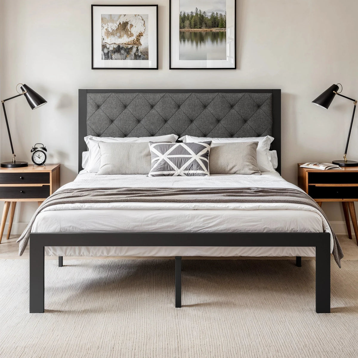 HOOMICH Metal Bed Frame With Upholstered Headboard