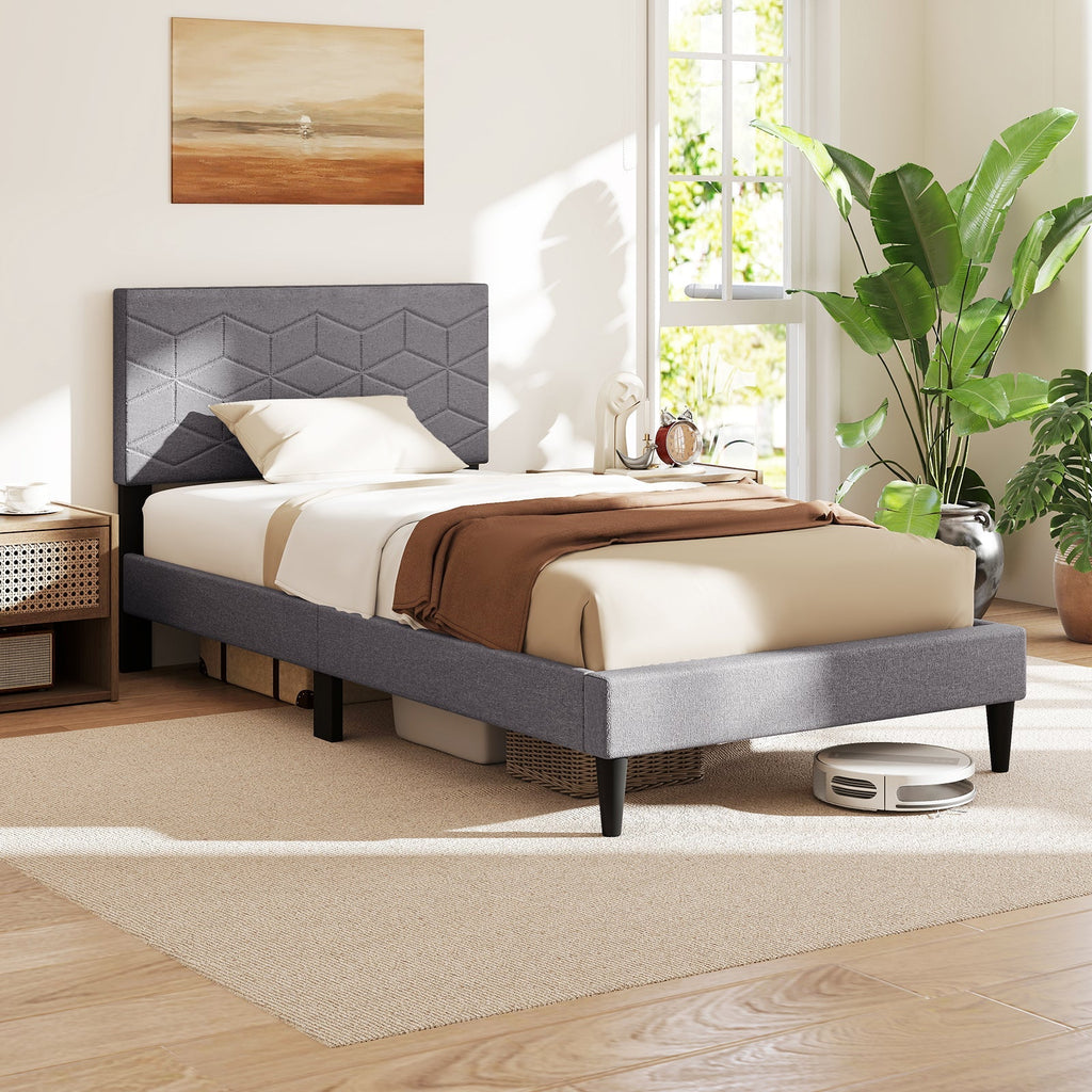 Modern Platform Bed with Linen Fabric Upholstered Headboard