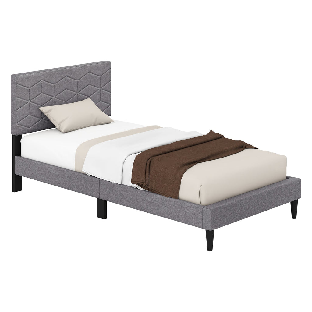 Modern Platform Bed with Linen Fabric Upholstered Headboard