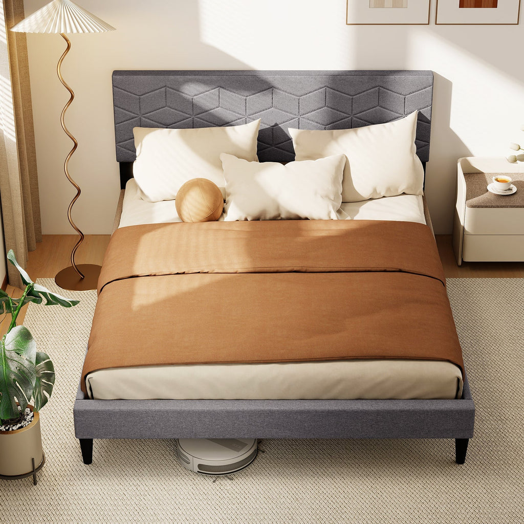 Modern Platform Bed with Linen Fabric Upholstered Headboard