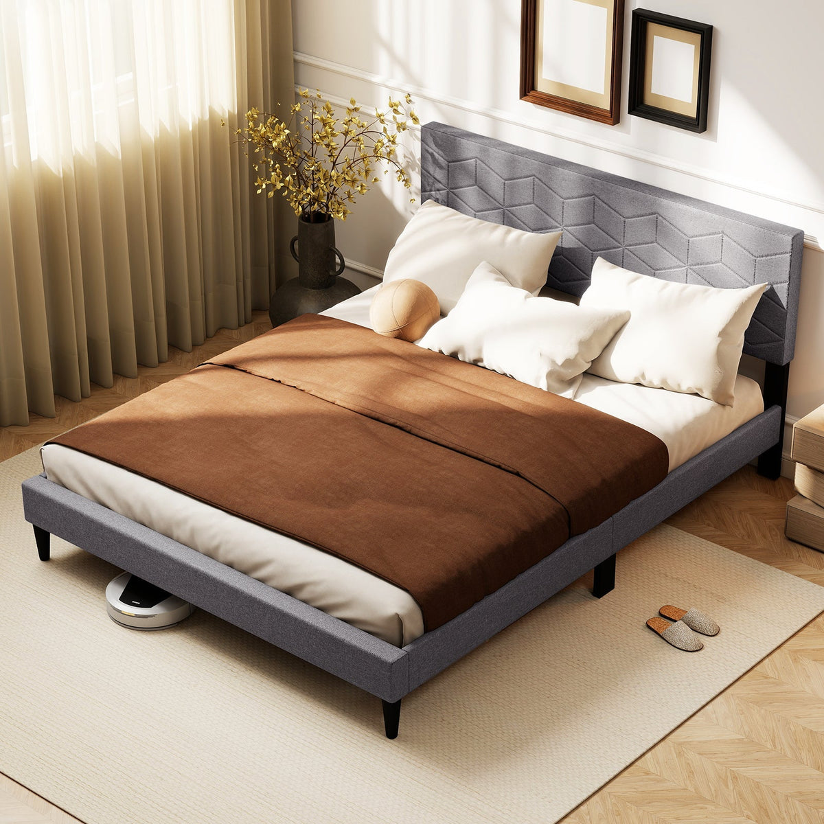 Modern Platform Bed with Linen Fabric Upholstered Headboard