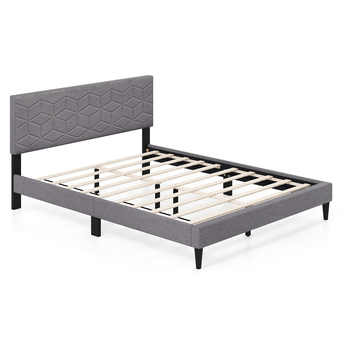 Modern Platform Bed with Linen Fabric Upholstered Headboard