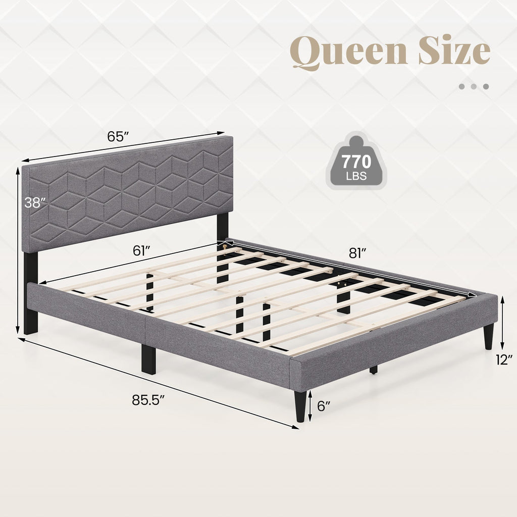 Modern Platform Bed with Linen Fabric Upholstered Headboard