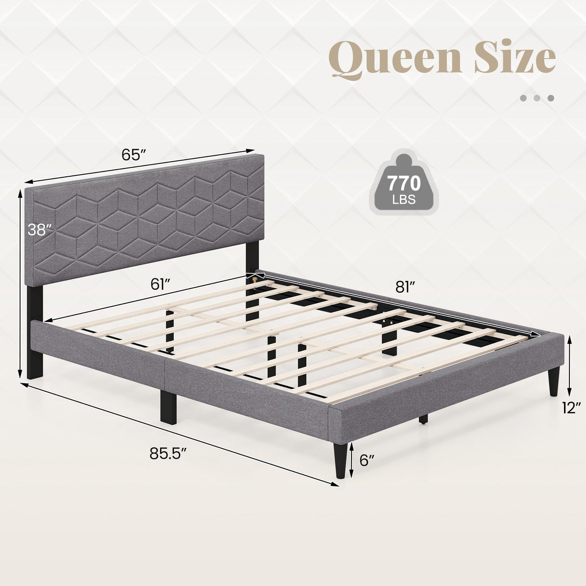 Modern Platform Bed with Linen Fabric Upholstered Headboard