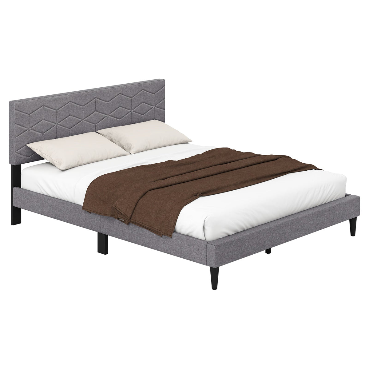 Modern Platform Bed with Linen Fabric Upholstered Headboard