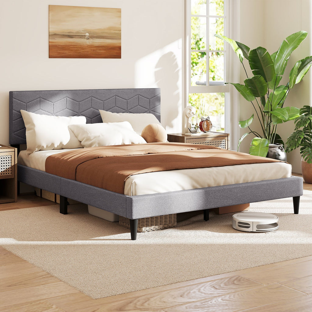 Modern Platform Bed with Linen Fabric Upholstered Headboard