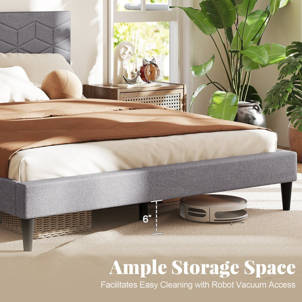 Modern Platform Bed with Linen Fabric Upholstered Headboard