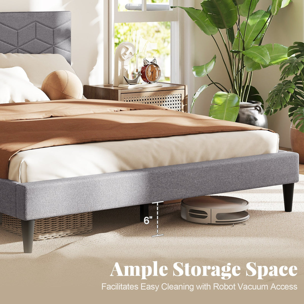Modern Platform Bed with Linen Fabric Upholstered Headboard
