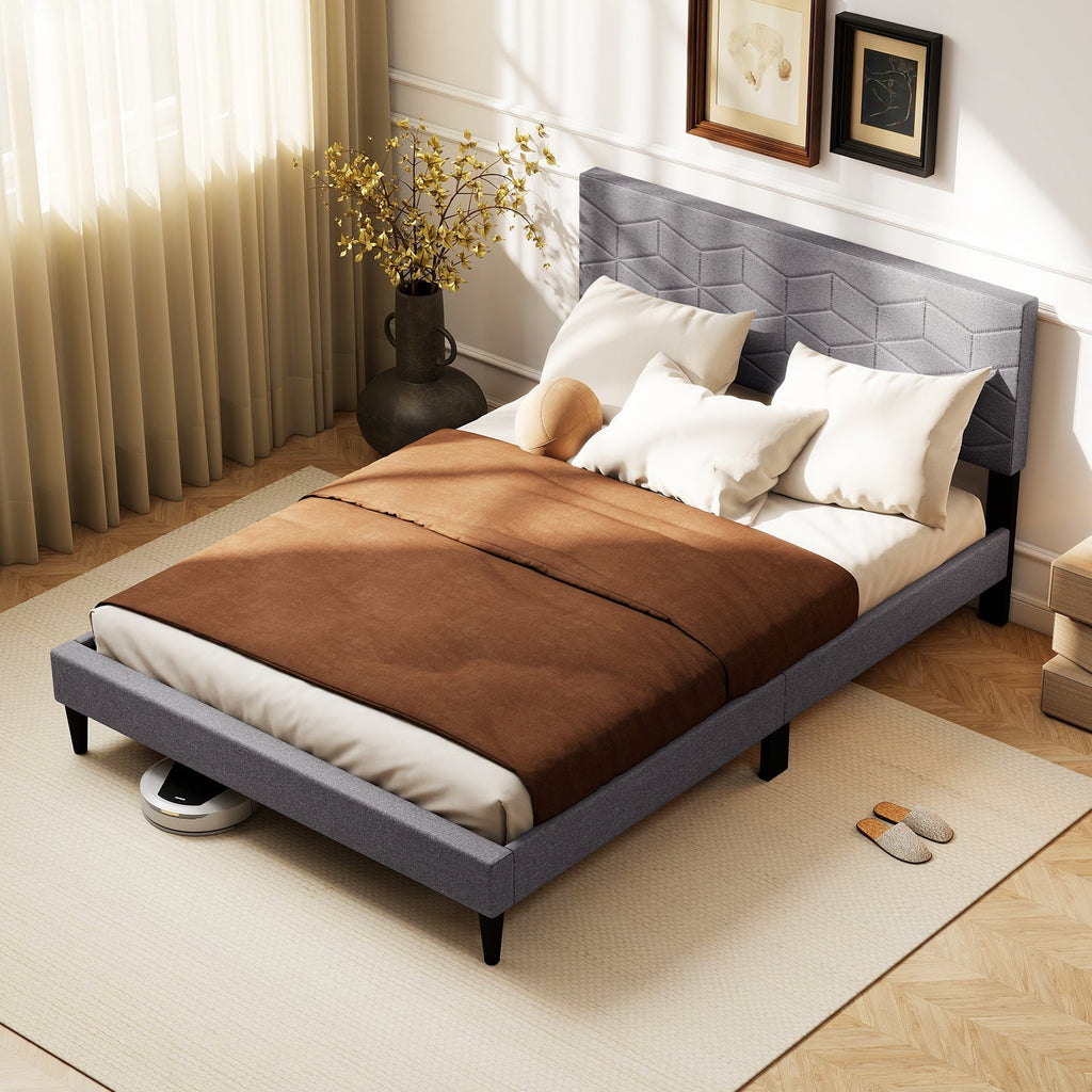 Modern Platform Bed with Linen Fabric Upholstered Headboard