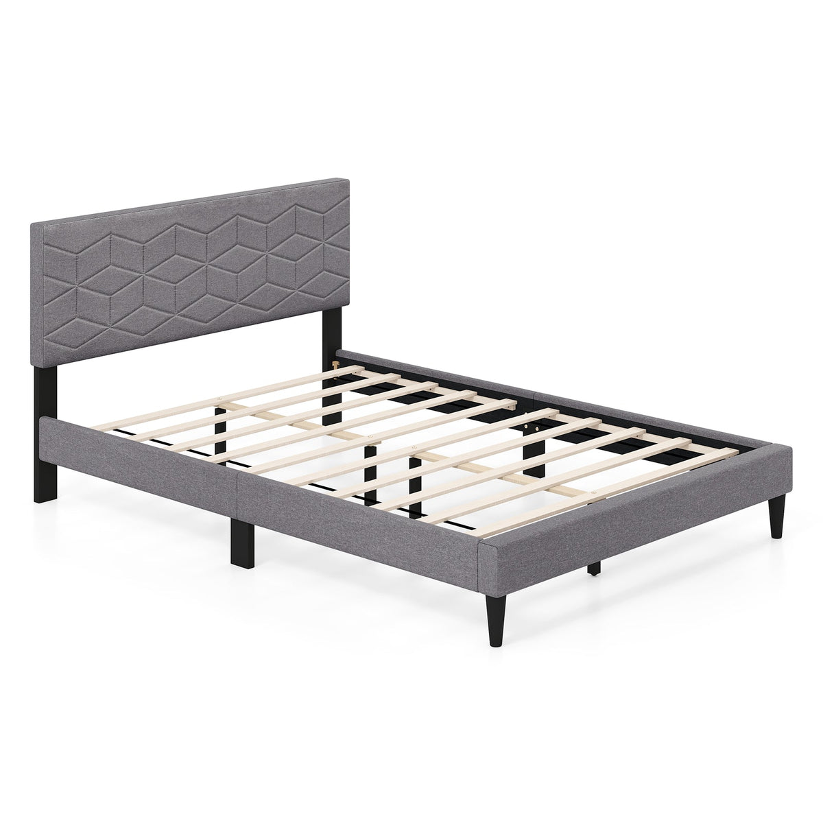 Modern Platform Bed with Linen Fabric Upholstered Headboard