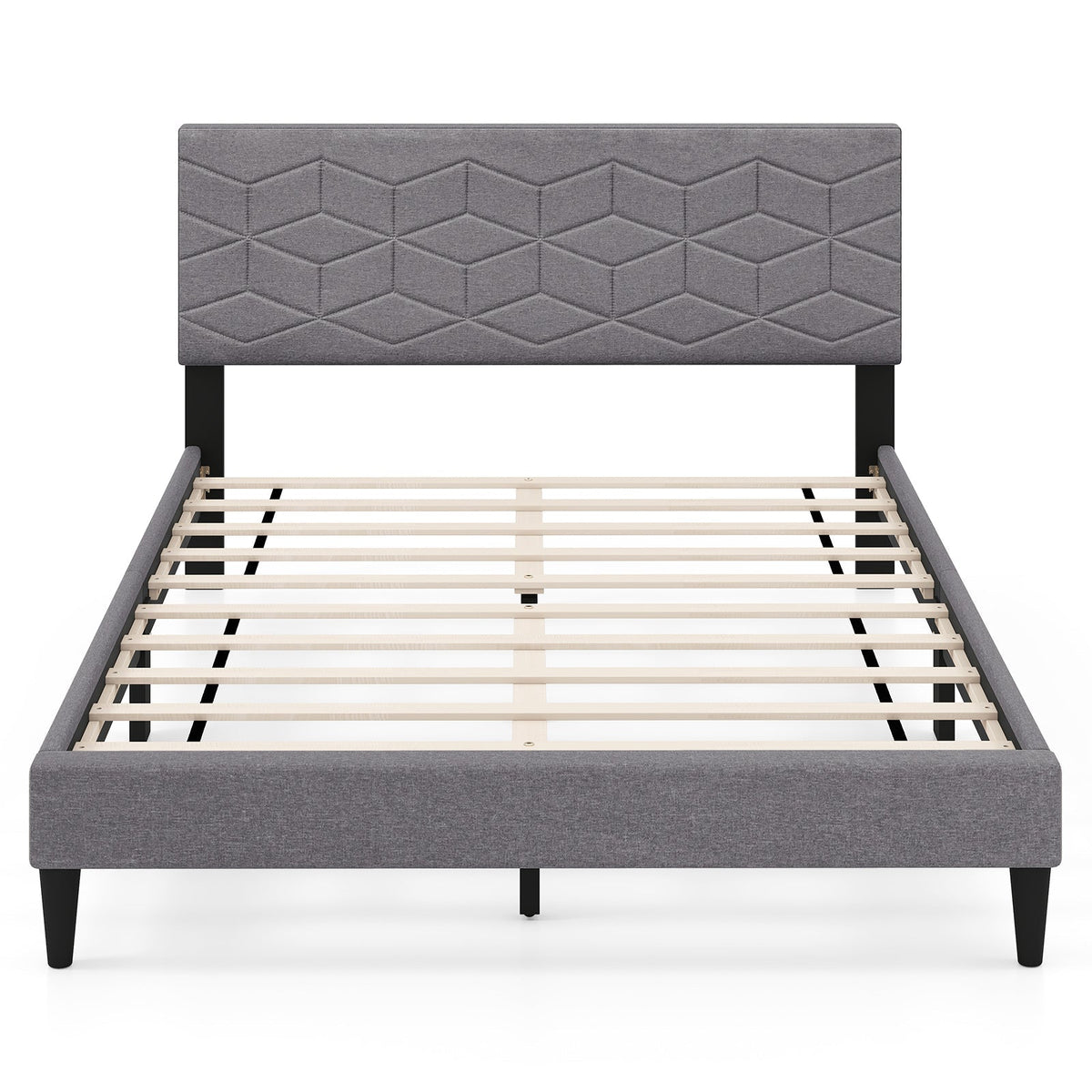 Modern Platform Bed with Linen Fabric Upholstered Headboard