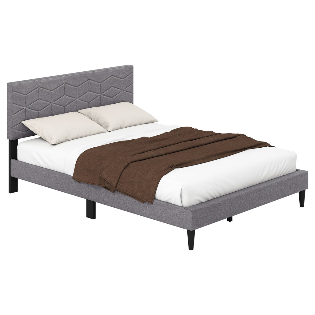 Modern Platform Bed with Linen Fabric Upholstered Headboard