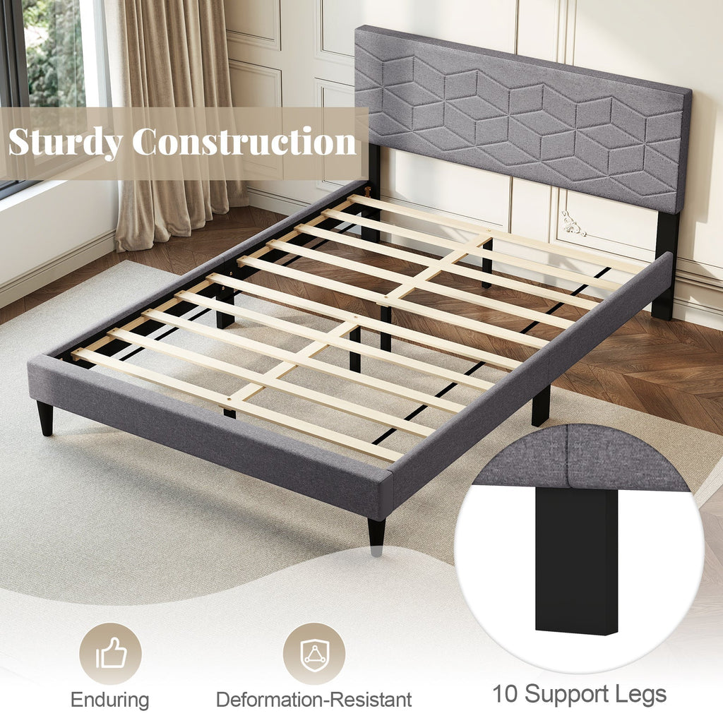 Modern Platform Bed with Linen Fabric Upholstered Headboard