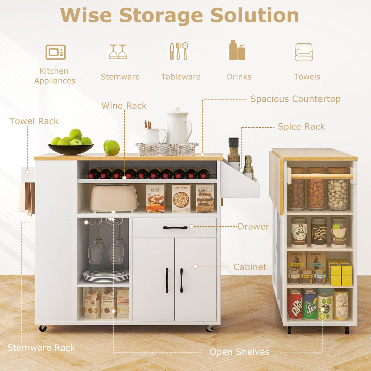 Rolling Kitchen Island Cart with Power Outlet